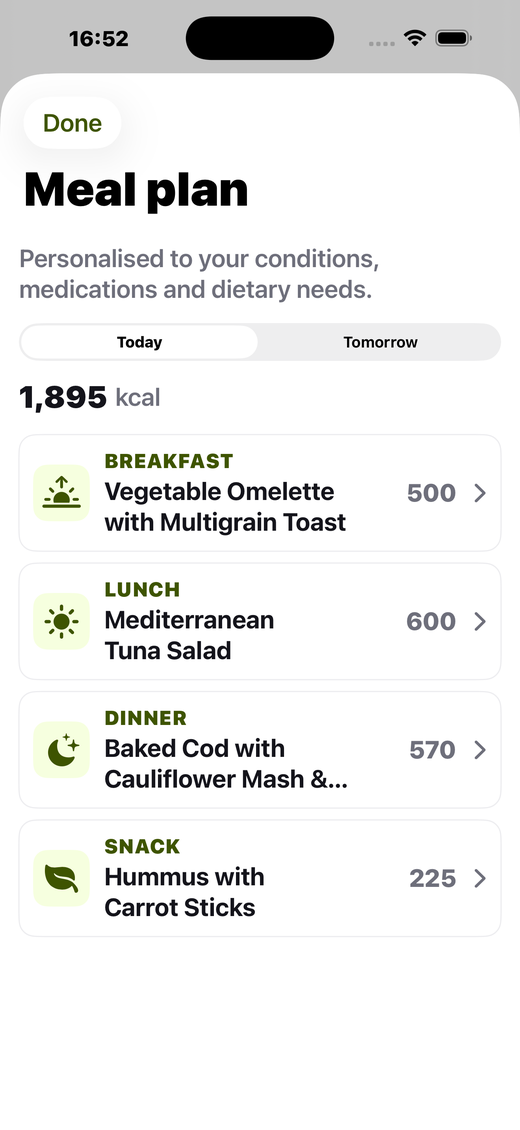 BodySense AI meal plan screen — built for every condition