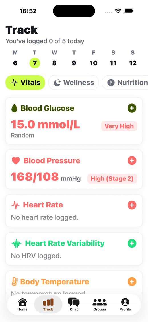 BodySense AI vitals screen — glucose, blood pressure, heart rate
